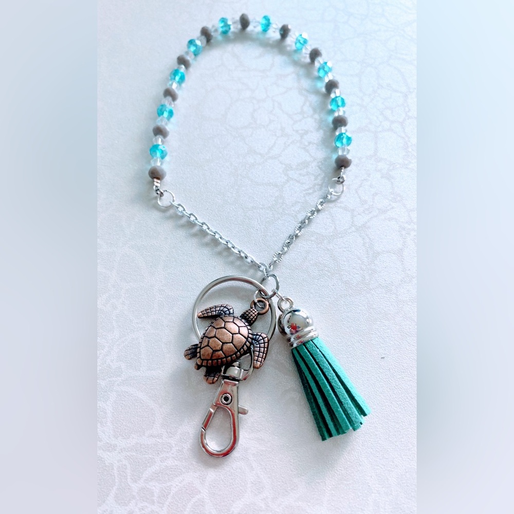 Turquoise Beaded Cell Phone Wristlet / keychain with Turtle Pendant